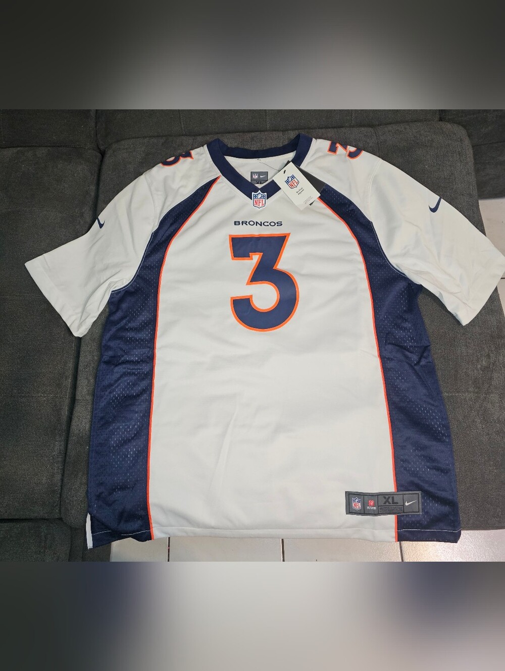 Nike Broncos #3 White & Navy Football Jersey